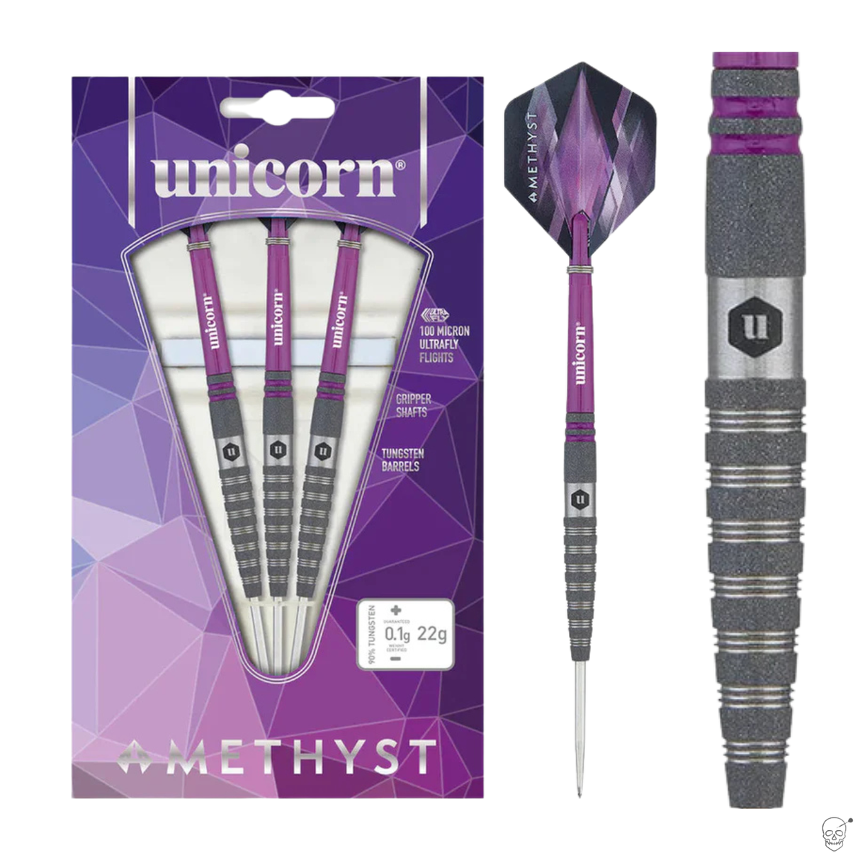 Three 90% tungsten darts in retail packaging with shot blasted barrel grip, plus close-up of amethyst flight and textured barrel