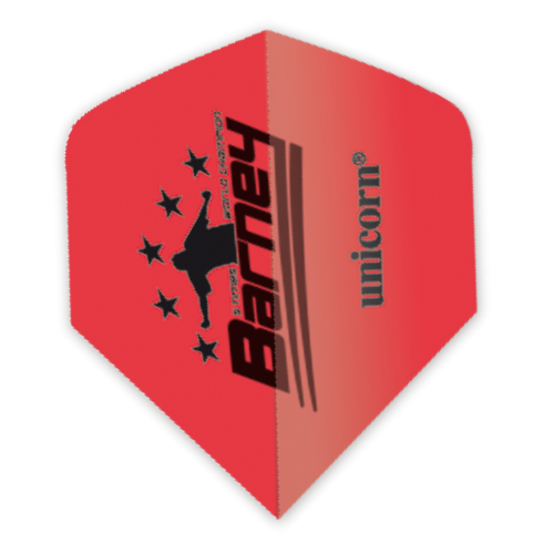 Red big wing dart flight angled to show Barney silhouette and stars, isolated on white, ideal for customizing darts