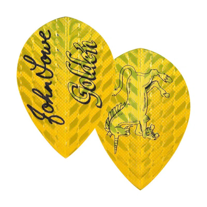 Close-up of yellow pear-shaped dart flights with John Lowe signature, Golden text, unicorn graphic, isolated on white
