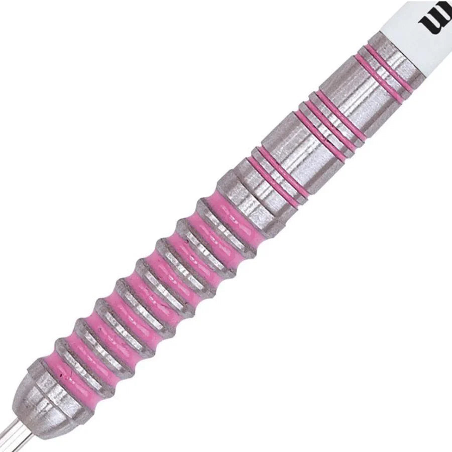 Close-up of 80% tungsten dart barrel showing precision-engineered pink ring grip and knurled texture for enhanced throw control
