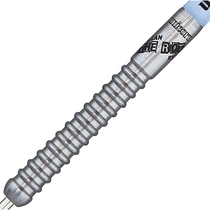 Close-up of 90% tungsten dart barrel showing detailed ringed grip texture and engraved player name, isolated on white background