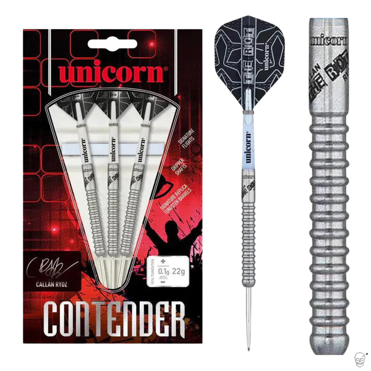 Contender 90% tungsten darts set in retail packaging with close-up on grip barrel, black flights, grooved design, and 22g weight