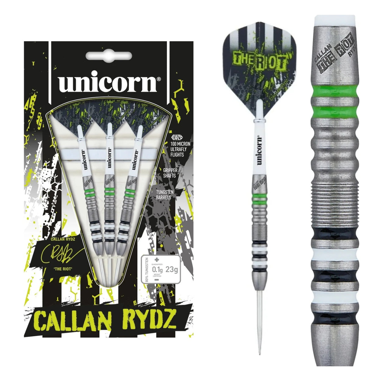 Unicorn Callan Rydz The Riot 80% tungsten darts — packaging, complete dart and barrel close-up