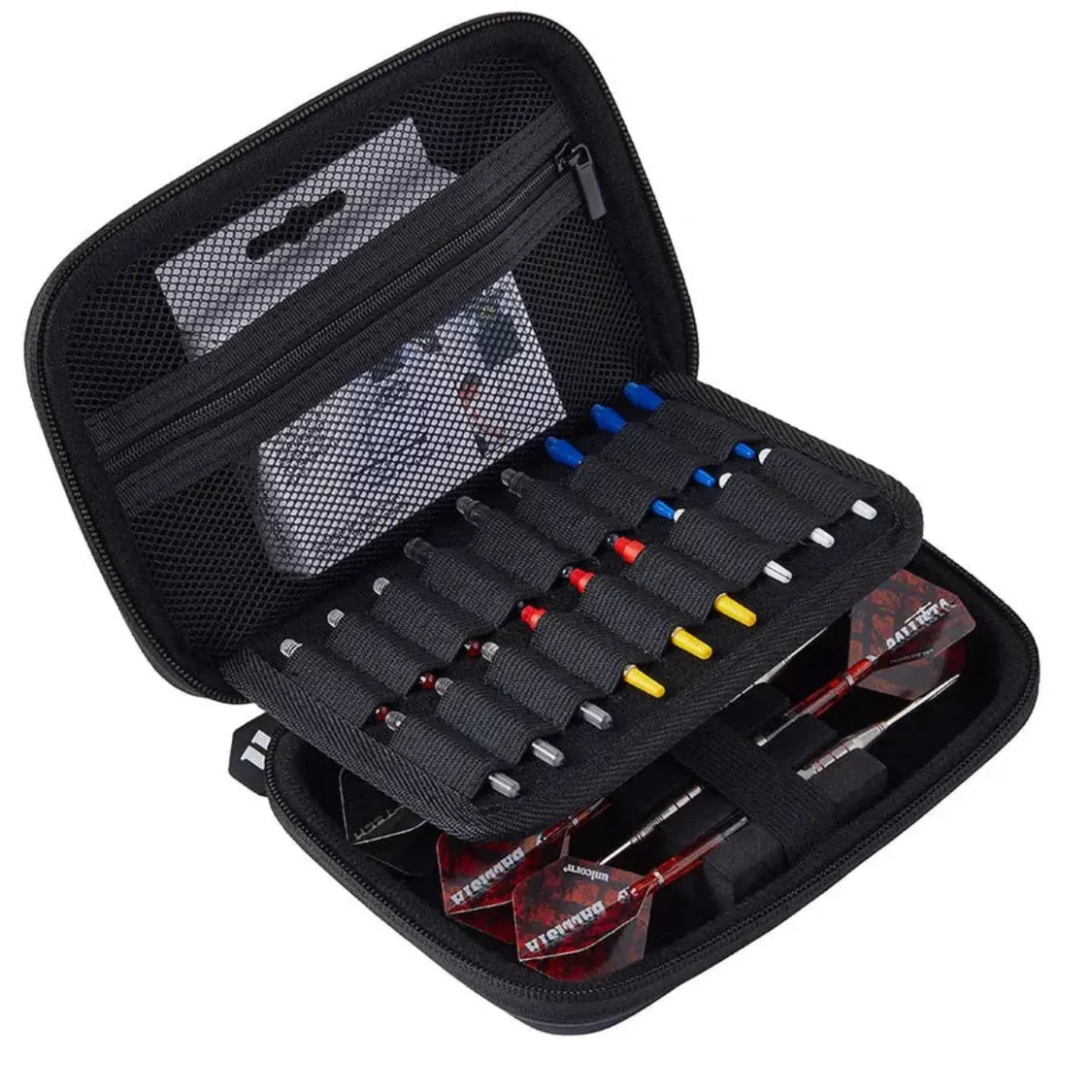 Angled view of open darts case displaying storage slots for darts, shafts, flights, and spare tips with mesh pocket for accessories