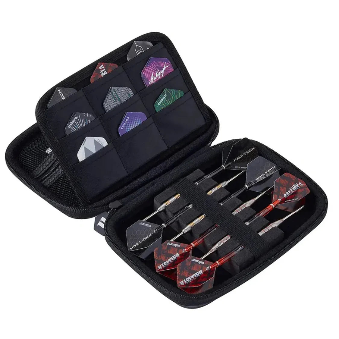 Angled view of open darts case displaying six assembled darts, dart flights in storage pockets, secure foam slots and accessory compartment