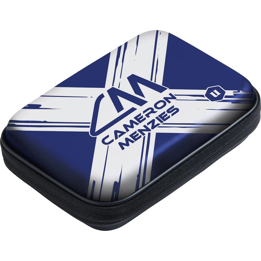 Angled view of Cameron Menzies Ultra darts case in blue with white cross design, zippered edge, and hard shell dart wallet for storage
