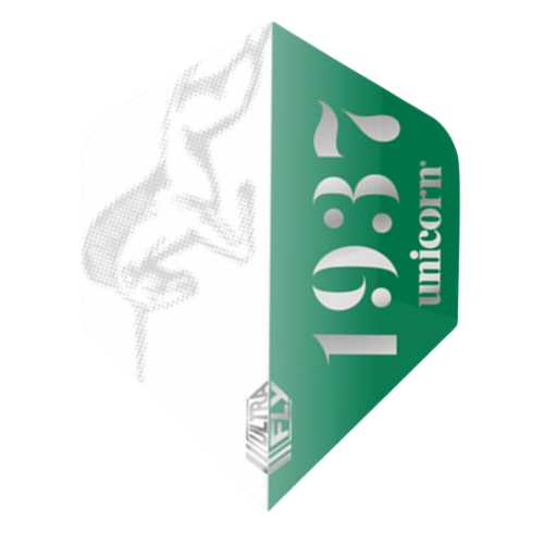 Close-up of green icon big wing dart flight with 1937 text, unicorn graphic, and ultra fly logo, isolated on white background