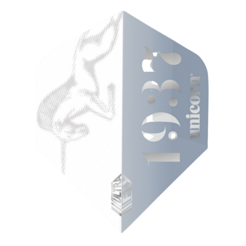 Silver icon big wing dart flight angled close-up, isolated on white, showing 1987 text and unicorn graphic for dartboard equipment