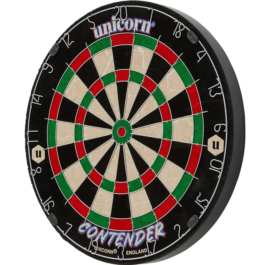 Angled dartboard view with clear wire divisions, vibrant segment colors, and detailed bullseye for darts practice