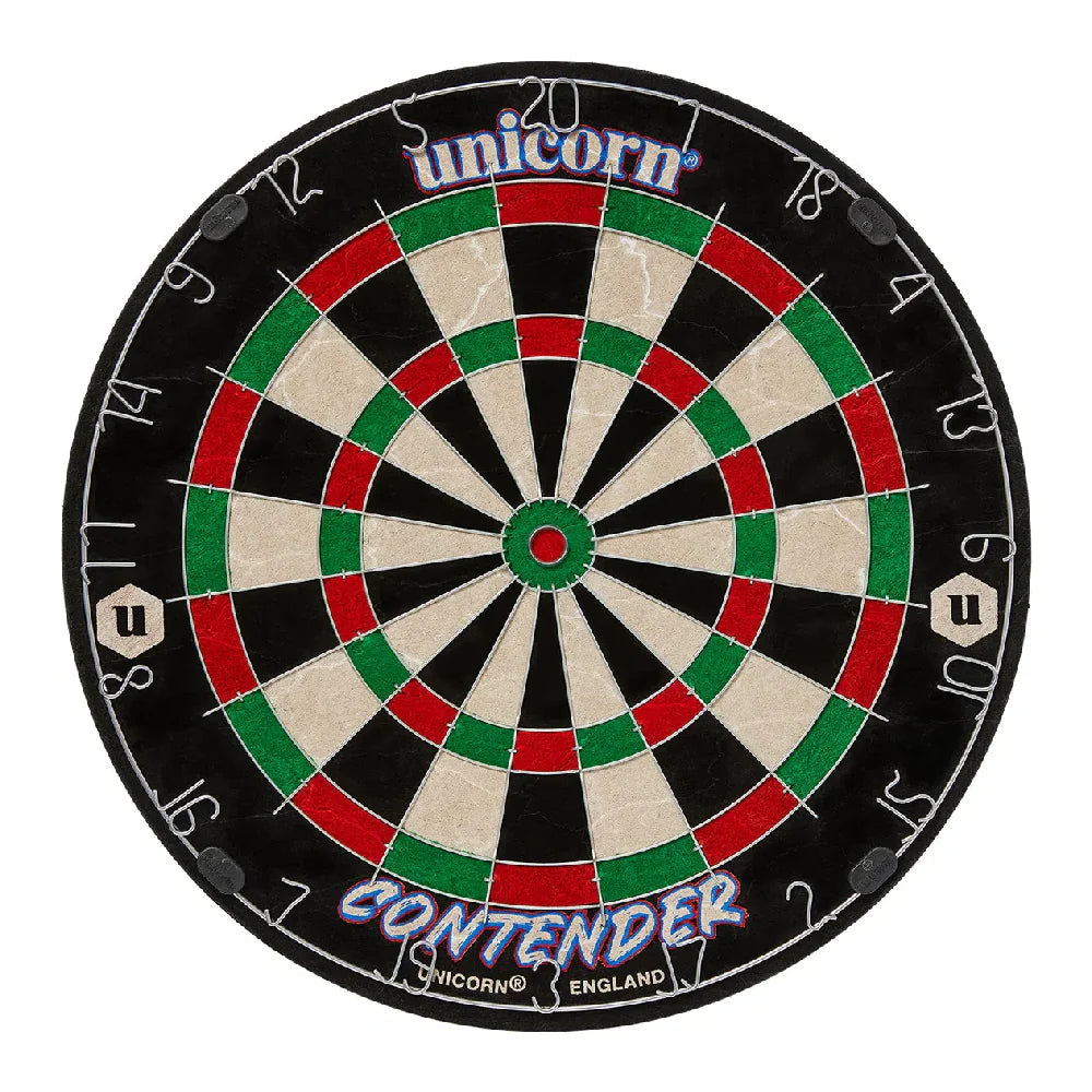 Top-down view of contender dartboard with clear number ring, standard target zones, black, green, and red segments, isolated on white