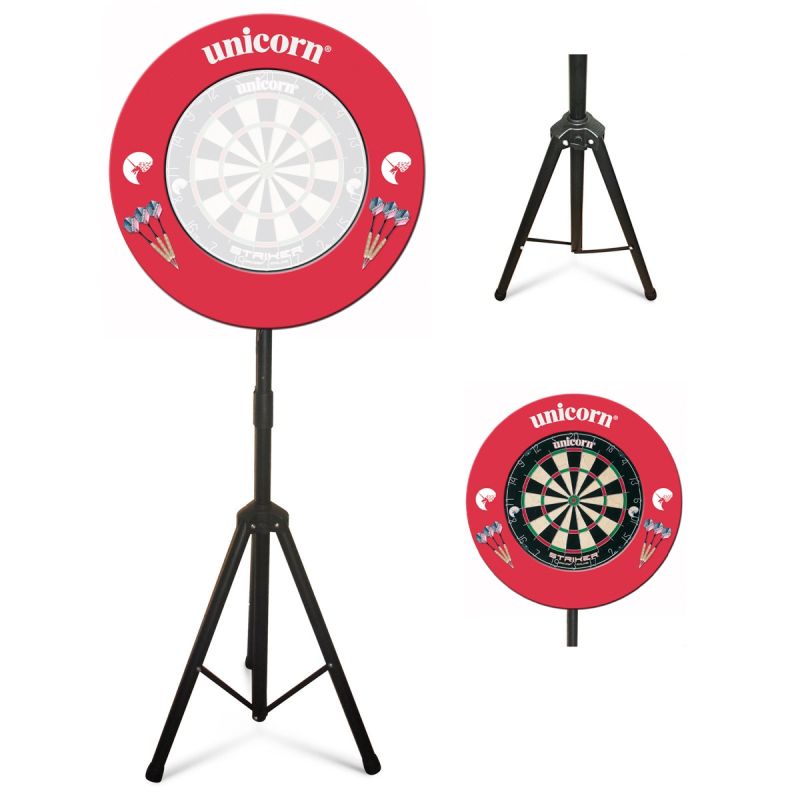 Dartboard tri-stand with sturdy tripod base, shown assembled and from side angles, isolated on white for portable darts setup