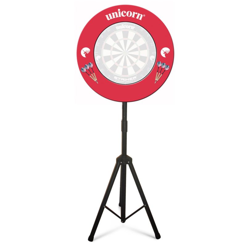 Portable dartboard tri-stand with red surround, dart illustrations, sturdy tripod legs, isolated on white background