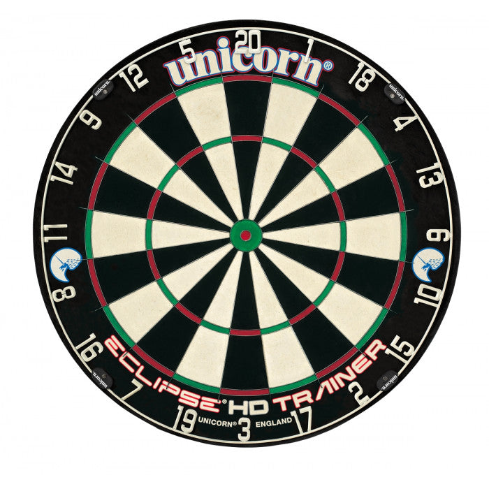 Top-down view of trainer dartboard with ultra slim doubles, trebles, and seamless surface for dart practice