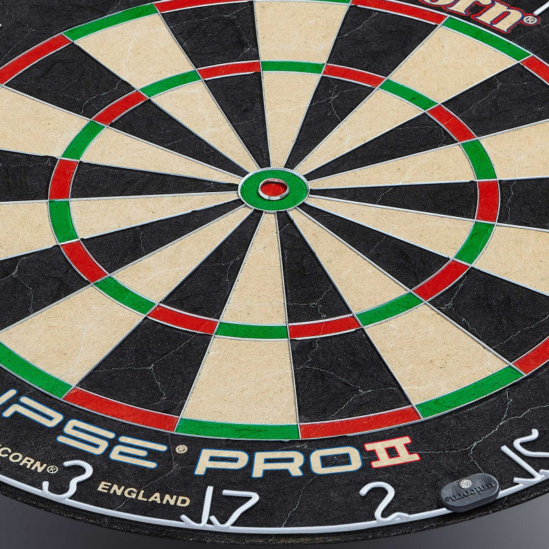 Close-up angled shot of Eclipse Pro 2 dartboard showing thin wiring, bullseye, and high-visibility scoring zones