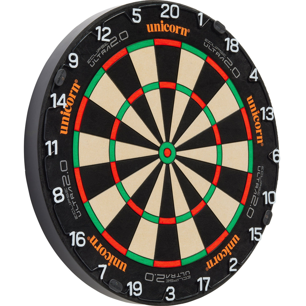 Angled view of Eclipse Ultra 2.0 dartboard isolated on white, highlighting thin wiring, clear scoring zones, and professional number ring