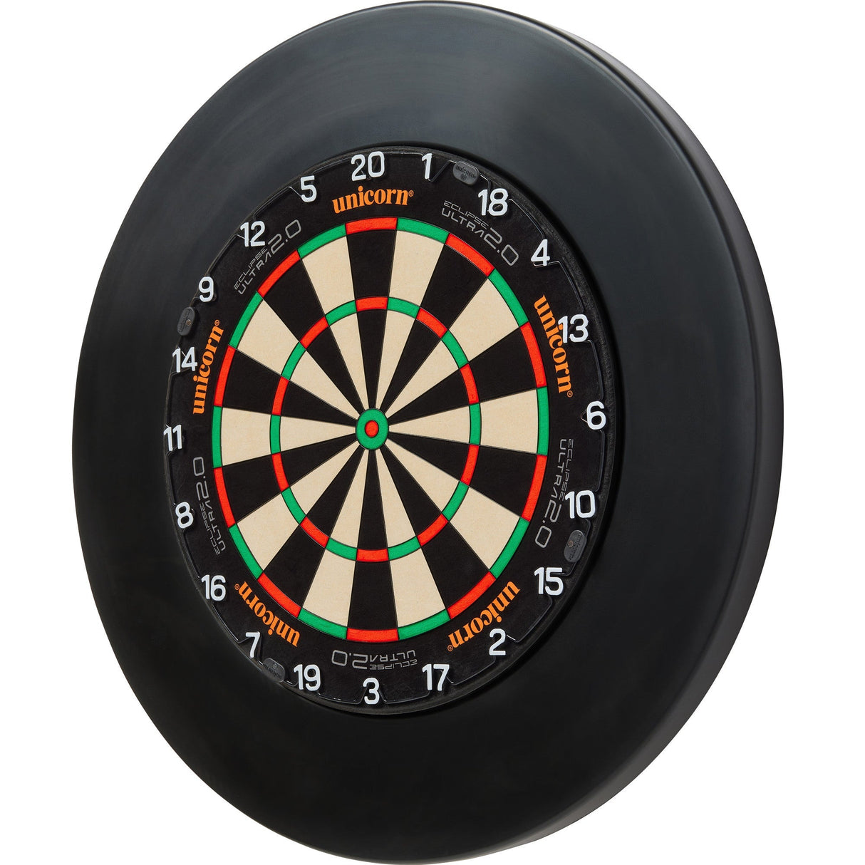 Angled view dartboard with black surround ring, clear ultra-thin wiring, white numbers, isolated on white background