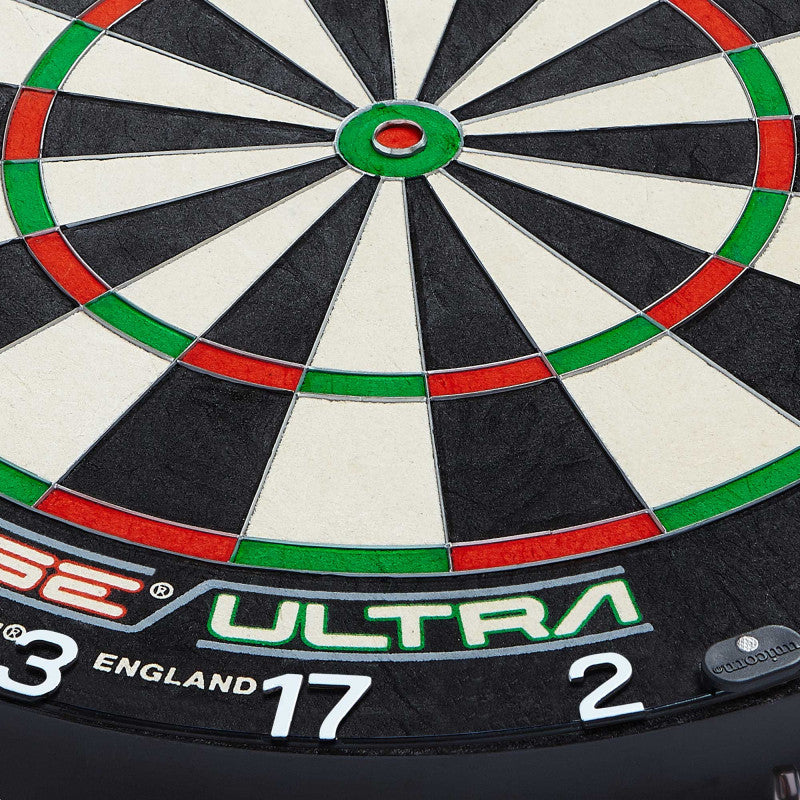 Close-up angled shot of Eclipse Ultra dartboard showing bullseye, thin wiring, double and treble rings, and visible segment numbers.