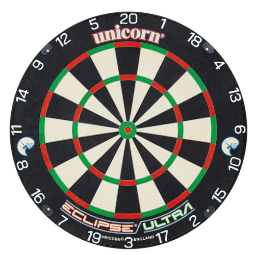 Full view dartboard isolated on white, showing thin radial wiring, clear scoring zones, black and white segments, and bold number ring