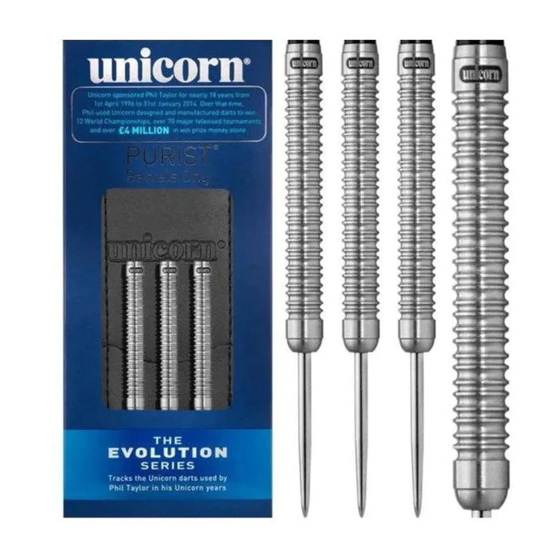 Four 90% tungsten dart barrels with ringed grip, one outside and three in retail packaging, full product view for darts buyers
