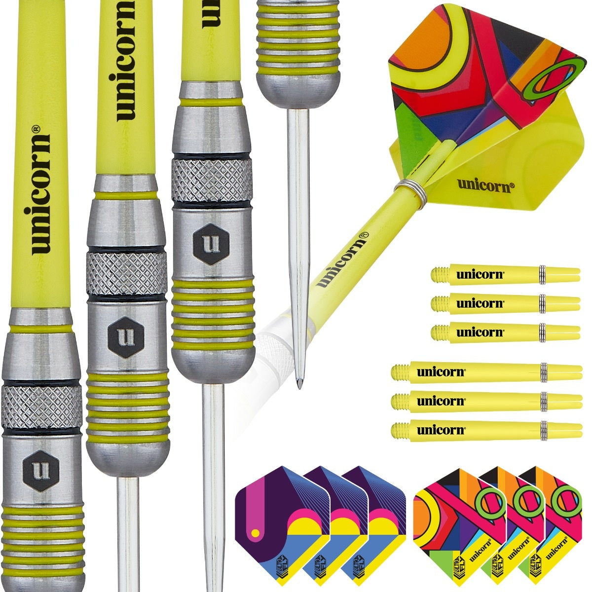 Unicorn Flair 1 80% tungsten darts with packaging, flights and shafts