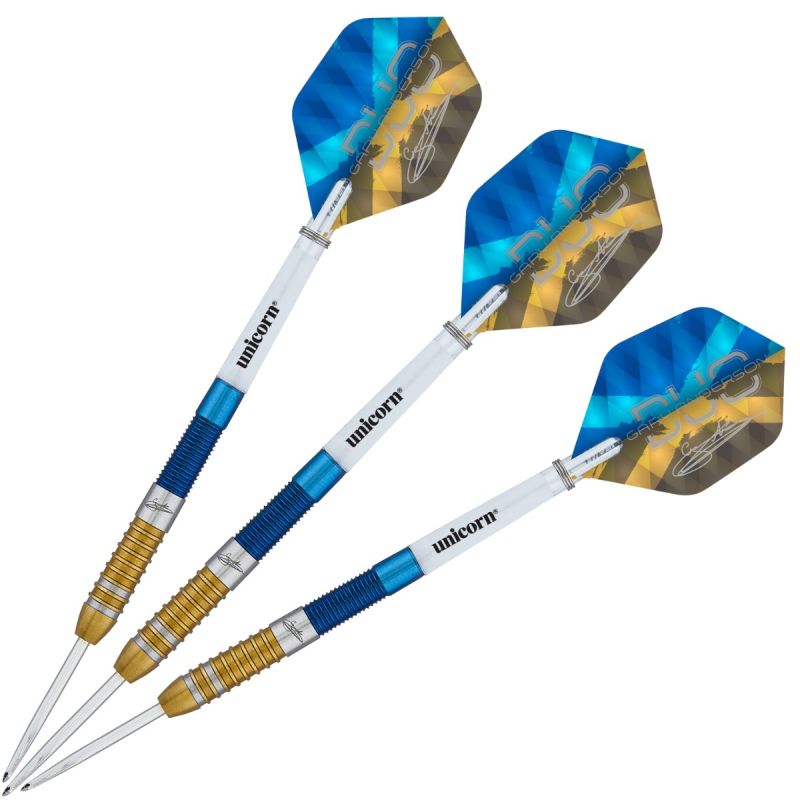 Set of three 90% tungsten darts with dual PVD coated barrels, blue and gold grip sections, signature flights, isolated on white