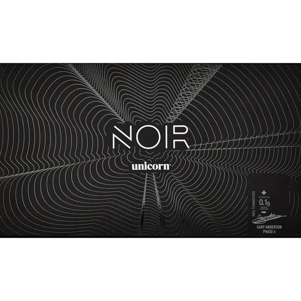 Top-down view of Unicorn Gary Anderson Noir Phase 6 90% tungsten darts packaging with modern black design and technical detail panel