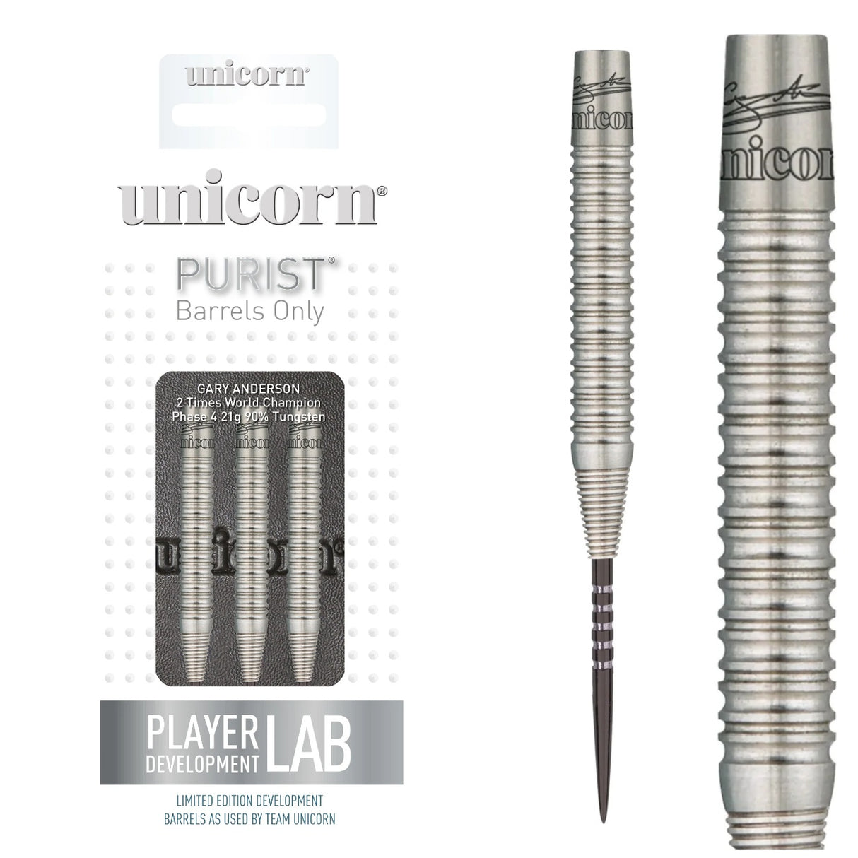 Unicorn Gary Anderson Phase 4 Purist 90% tungsten barrels — packaging, complete barrel and barrel close-up