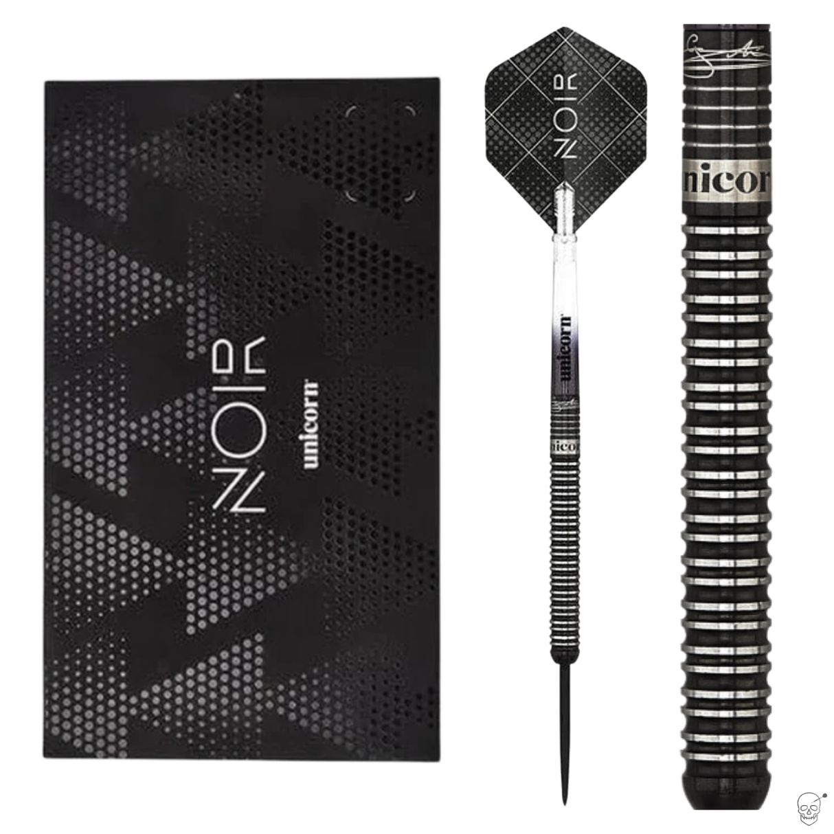 Tungsten dart set with black packaging, full dart view, and close-up of precision-milled barrel grip pattern