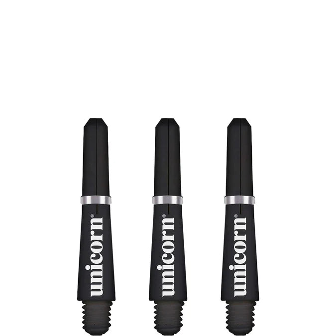 Triple pack of black Gripper 4 dart shafts with silver rings, standard length, isolated on white background