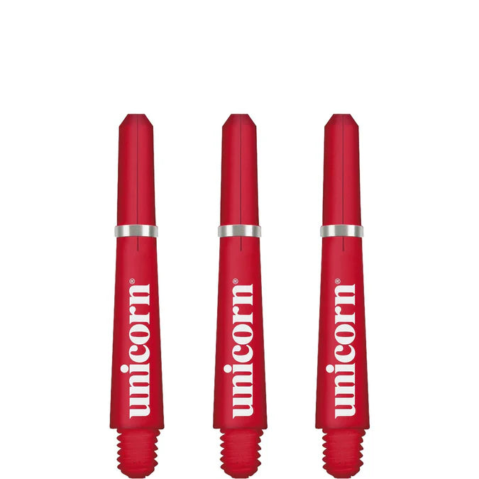 Three red dart shafts with metal rings and bold printed logo, full view on white background, replacement stems for darts