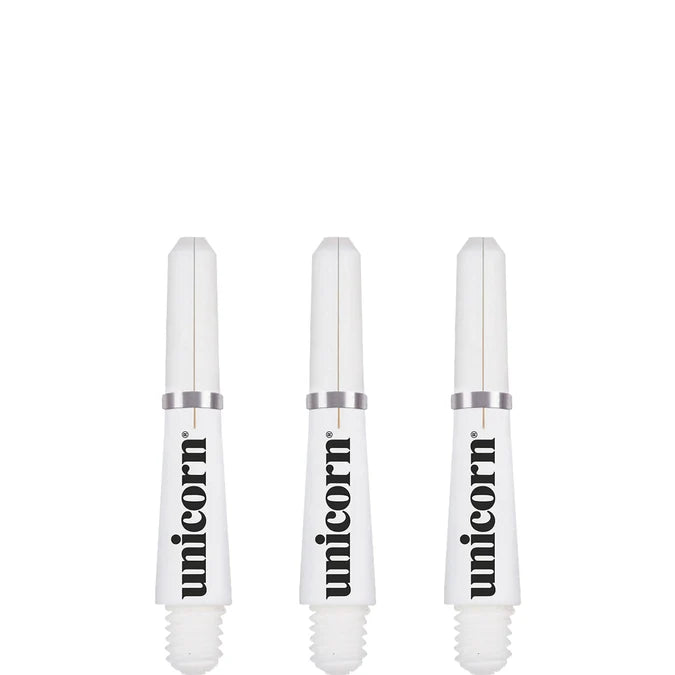 Three white Gripper 4 dart shafts upright, isolated on white background, displaying threaded tips and smooth barrel design