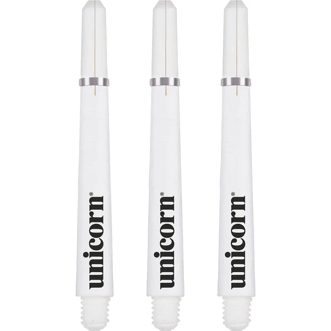 Three white dart shafts with silver locking rings displayed vertically on white background for dart equipment