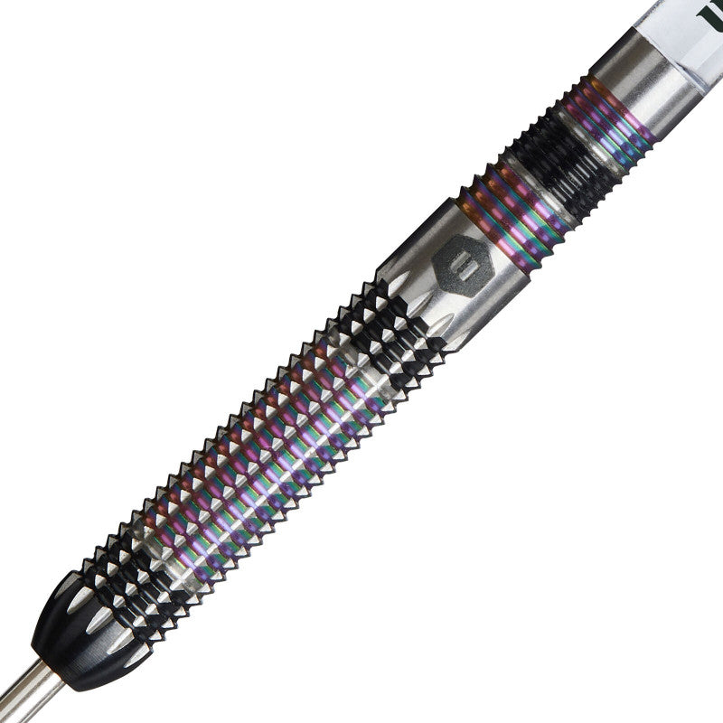 Close-up of 90% tungsten dart barrel with rainbow grooves and aggressive grip texture, isolated on white background
