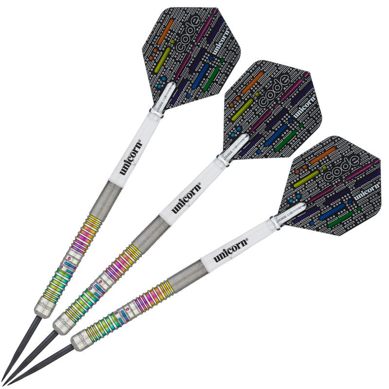 Three 90% tungsten darts with rainbow ringed barrels and code pattern flights, full view on white background, showcasing grip texture
