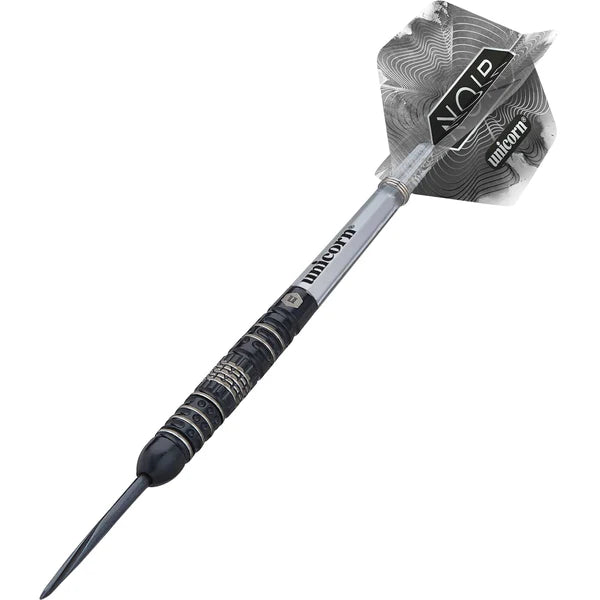 Black titanium nitride tungsten dart angled on white background, showing precision barrel grip and Noir style patterned flight