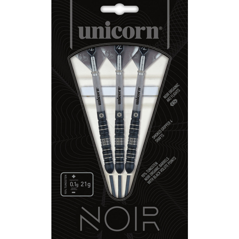 Set of three 90% tungsten darts in retail packaging, featuring black titanium nitride coated barrels, gripper shafts, and precision flights.