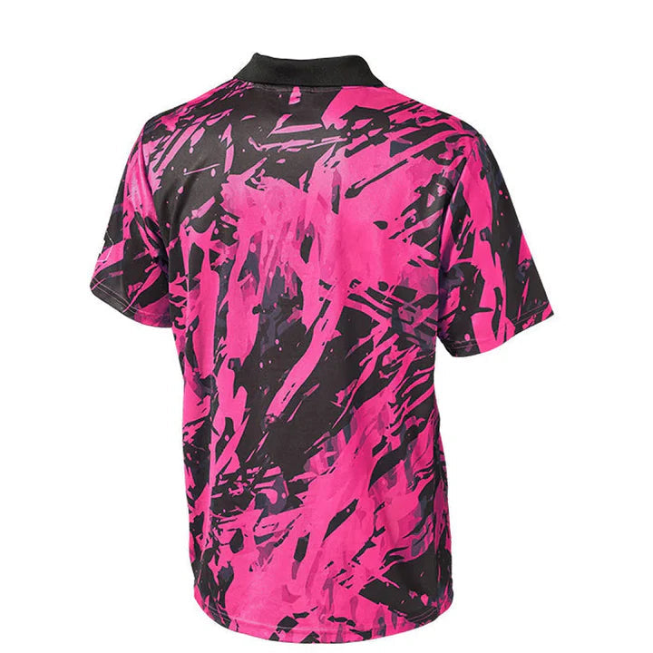 Back view of Pro Tech Camo darts shirt in pink and black camo pattern, short sleeves, full product shot on white background