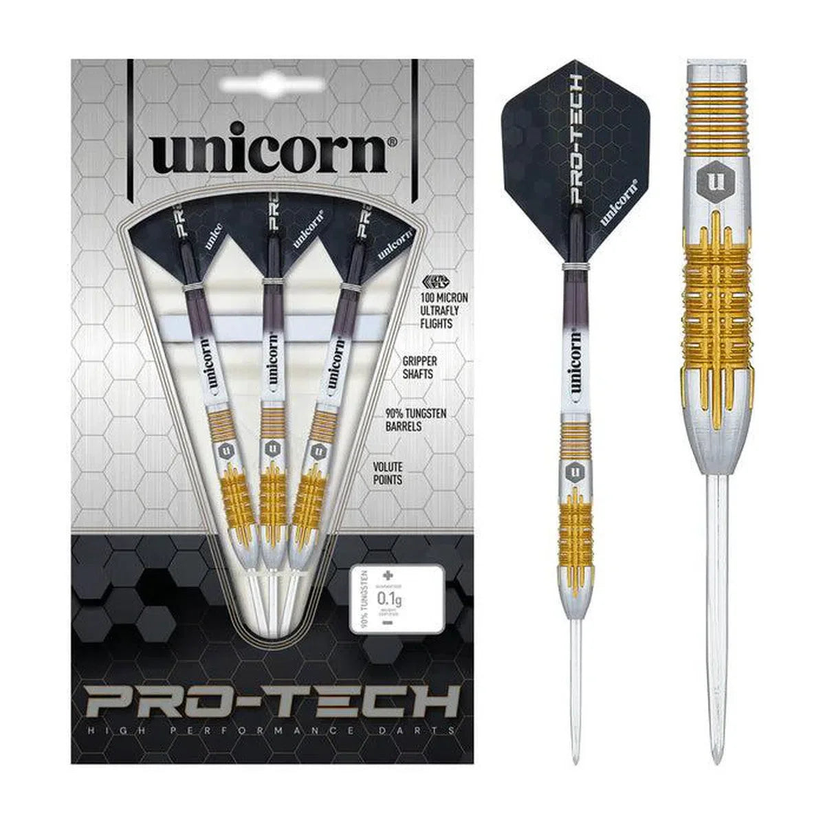 Pro-Tech tungsten darts set in retail packaging with close-up of single dart, featuring gold grip barrel and black ultrafly flight.