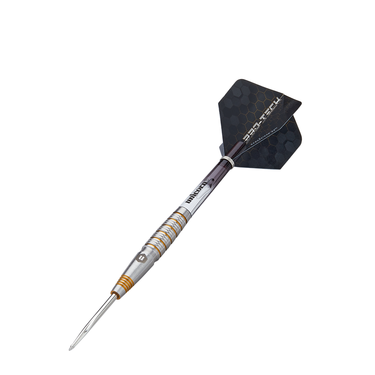 Angled view tungsten dart isolated on white, highlighting barrel grip rings, precision point, and hexagon flight design