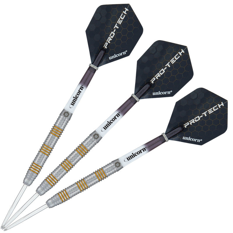 Set of three 90% tungsten darts with ringed grip barrels and black hexagon flights, angled on white background