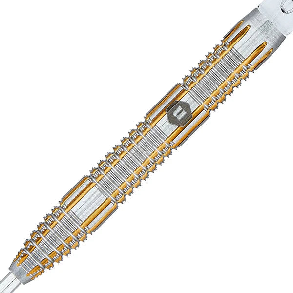 Close-up dart barrel with precision grip, gold highlights, and knurled tungsten detailing on white background