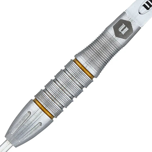 Close-up of tungsten dart barrel with precision grip, silver rings, and gold accent bands, highlighting detailed texture for dart players