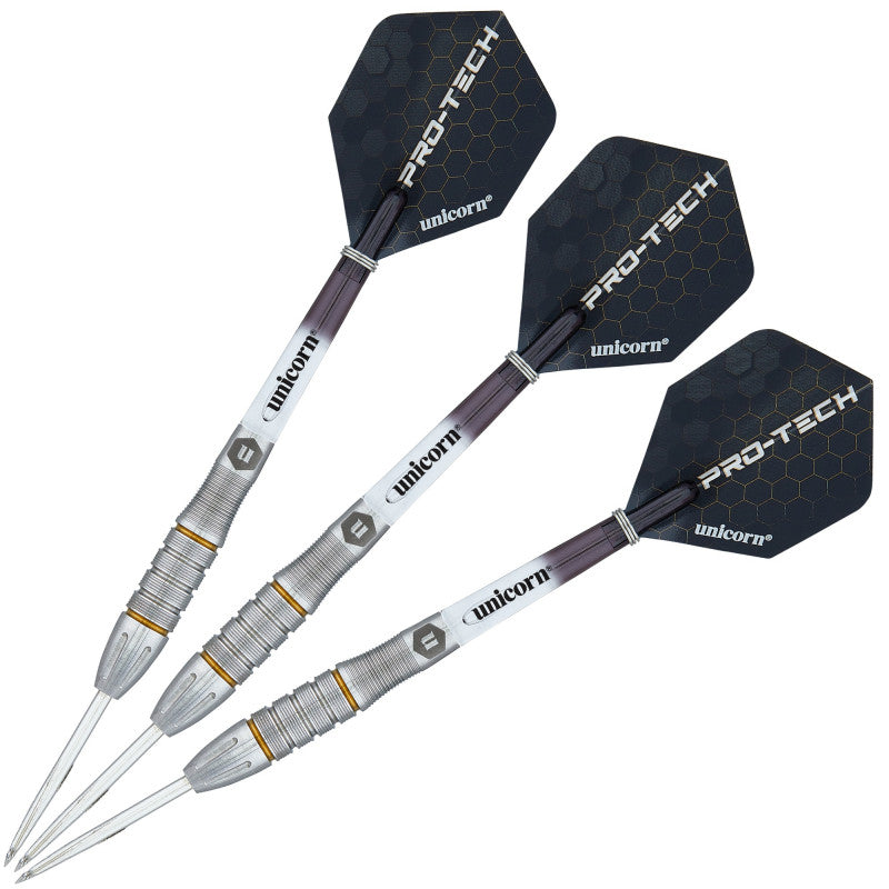 Set of three 90% tungsten darts angled on white background highlighting barrel grip texture and hexagon flights.