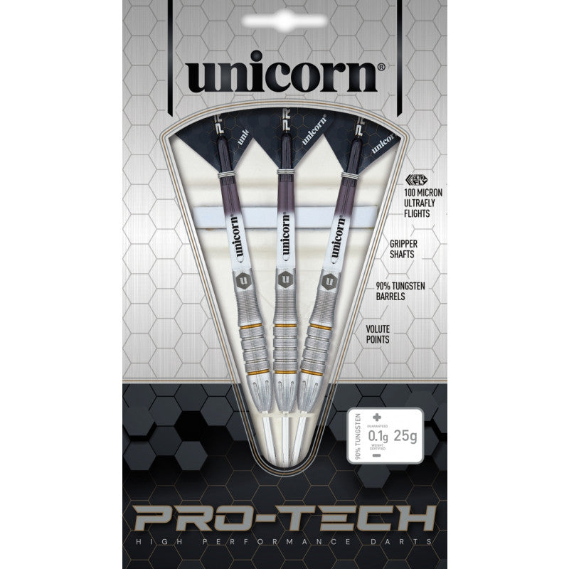 Three 90% tungsten darts displayed in packaging with ultrafly flights, gripper shafts, volute points, and full product view for dart buyers