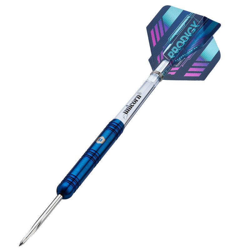 Angled view of 90% tungsten dart with blue grip barrel, precision steel tip, and vibrant prodigy flight on white background