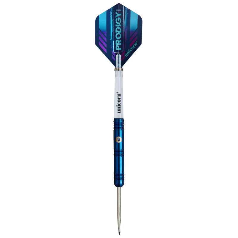 Full view of a tungsten dart with blue metallic grip, white shaft and Prodigy flight, isolated on white background