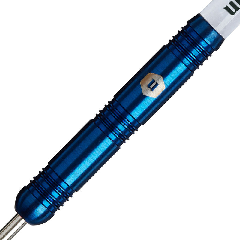 Macro close-up of blue 90% tungsten dart barrel with precision grip texture and engraved logo, isolated on white background