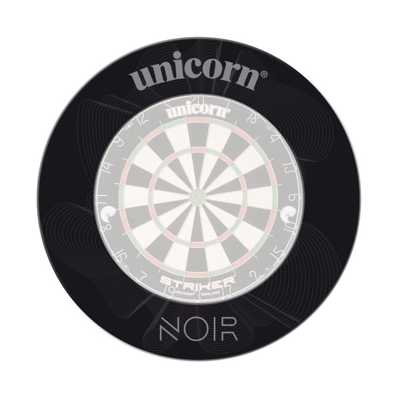 Black dartboard surround with subtle line pattern and 'NOIR' design, full front view isolated on white background, fits standard dartboards
