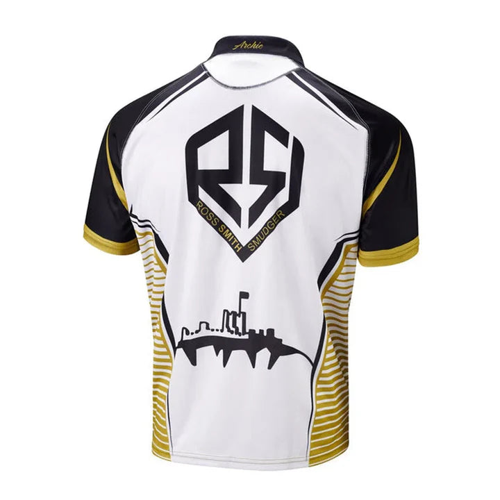 Back view darts shirt with RS logo, Ross Smith Smudger text, sublimated print and gold-black collar on white background
