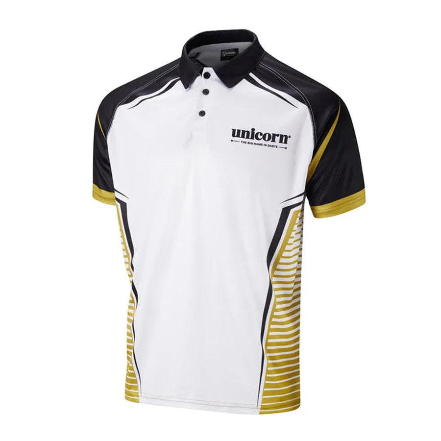 Front angled view of Ross Smith darts shirt with sublimated print, collar detail, and dart player style features